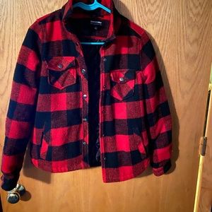 A black and red red wool coat